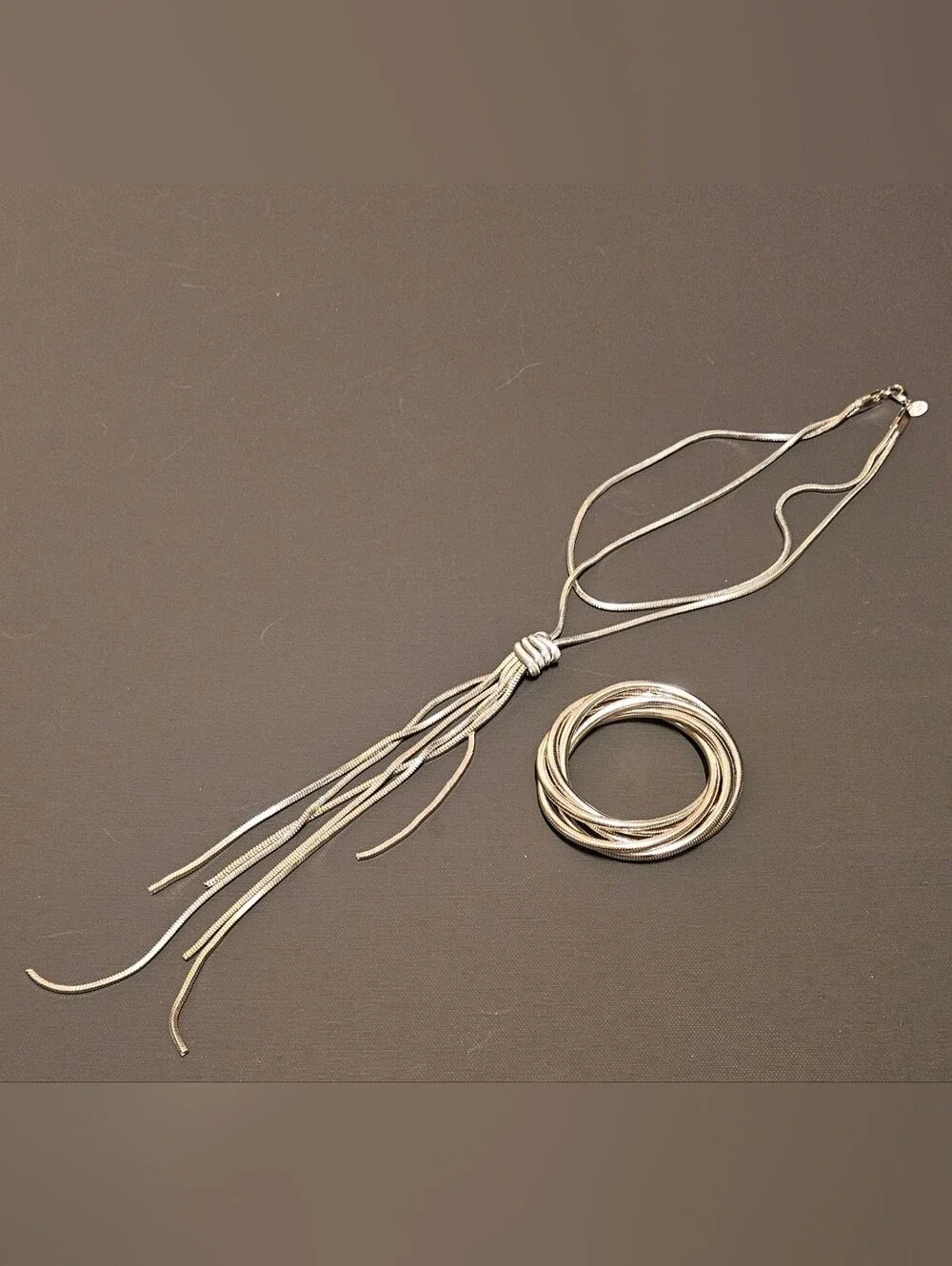 Silver Tassel Pendant Necklace with Matching Stackable Snake Bangle Set